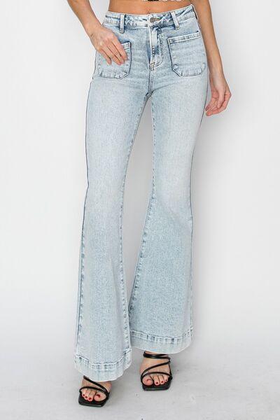 Risen Full Size High Rise Front Patch Pocket Flare Jeans - Clothes For Her Online Store
