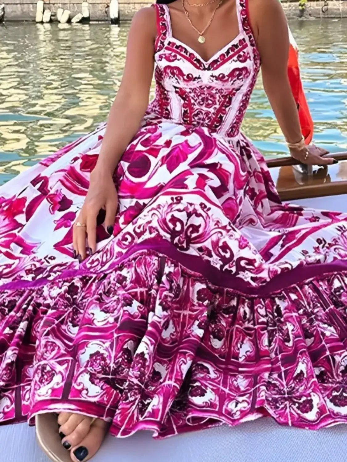 Smocked Printed Wide Strap Dress