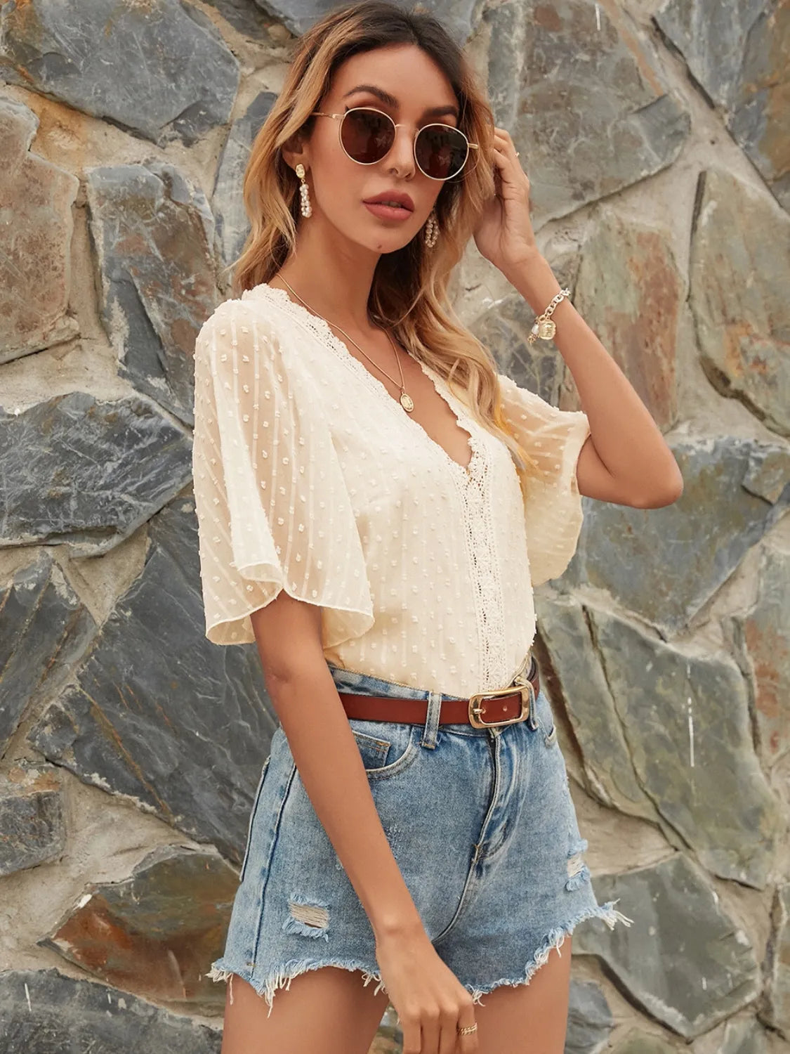 Lace Detail V-Neck Siwss Dot Blouse
