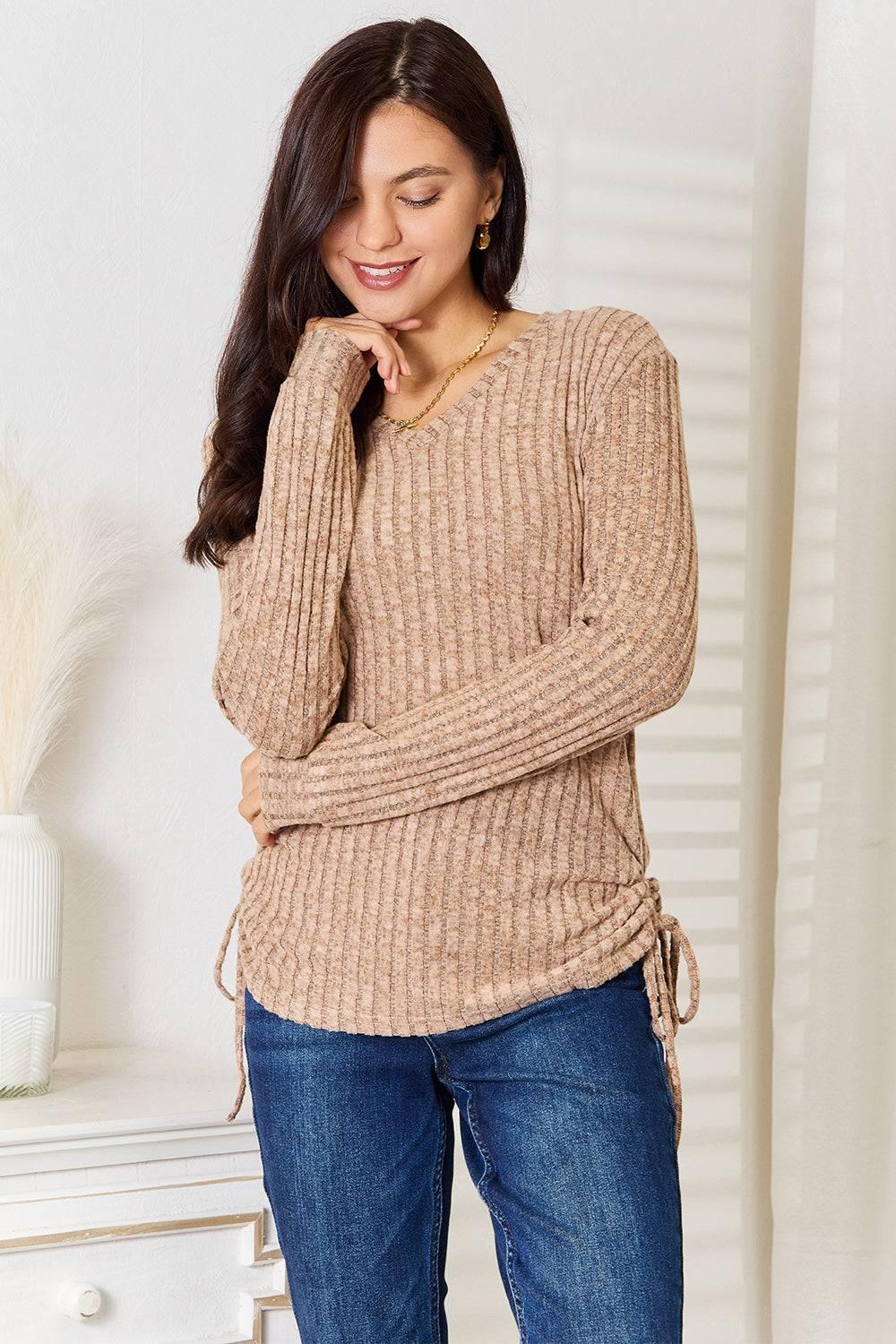 Double Take Drawstring Ribbed Long Sleeve T-Shirt - Clothes For Her Online Store