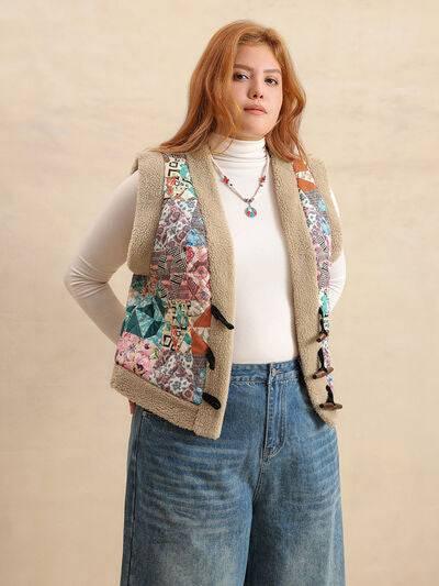 Plus Size Printed Sherpa Vest Coat - Clothes For Her Online Store