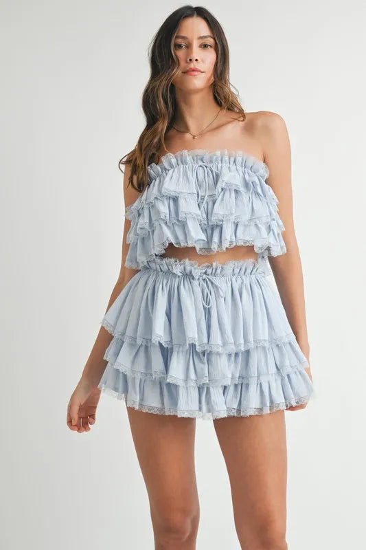 MABLE Ruffle Layered Crop Top and Mini Skirt Set