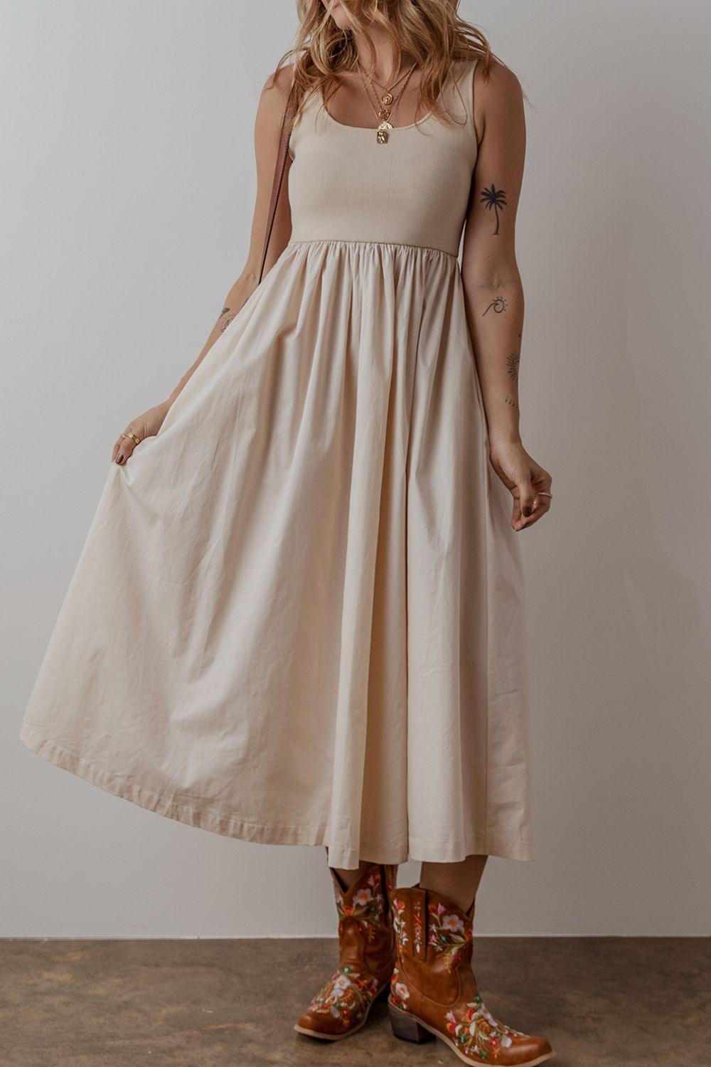 Scoop Neck Ribbed Bodice Sleeveless Midi Tank Dress - Clothes For Her Online Store