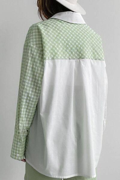 Two-Tone Plaid Button Down Long Sleeve Shirt - Clothes For Her Online Store