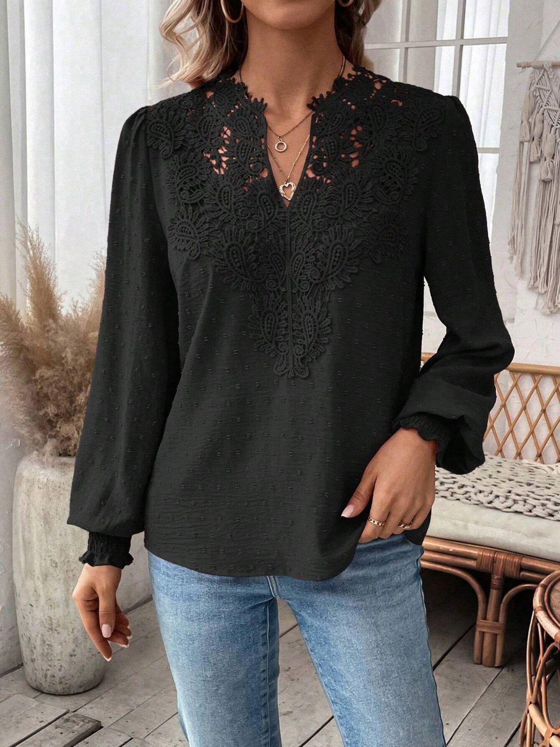 Swiss Dot Lace Detail Notched Long Sleeve Blouse - Clothes For Her Online Store