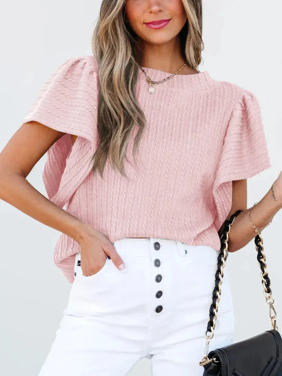 Round Neck Ruffle Sleeve Top - Clothes For Her Online Store