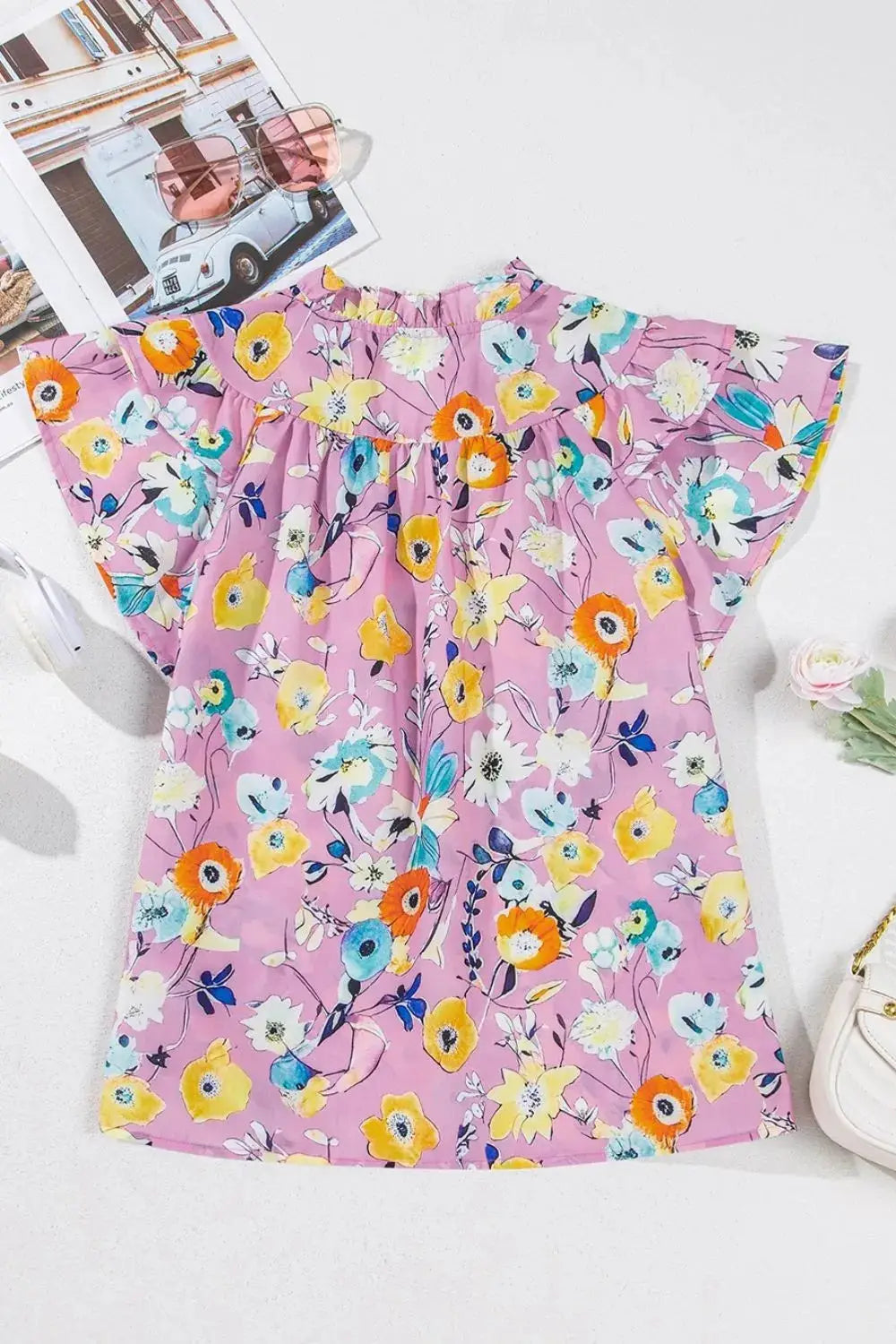 Printed Notched Double Layered Ruffle Sleeve Blouse - Clothes For Her Online Store
