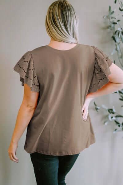 Plus Size Eyelet Round Neck Short Sleeve Blouse - Clothes For Her Online Store