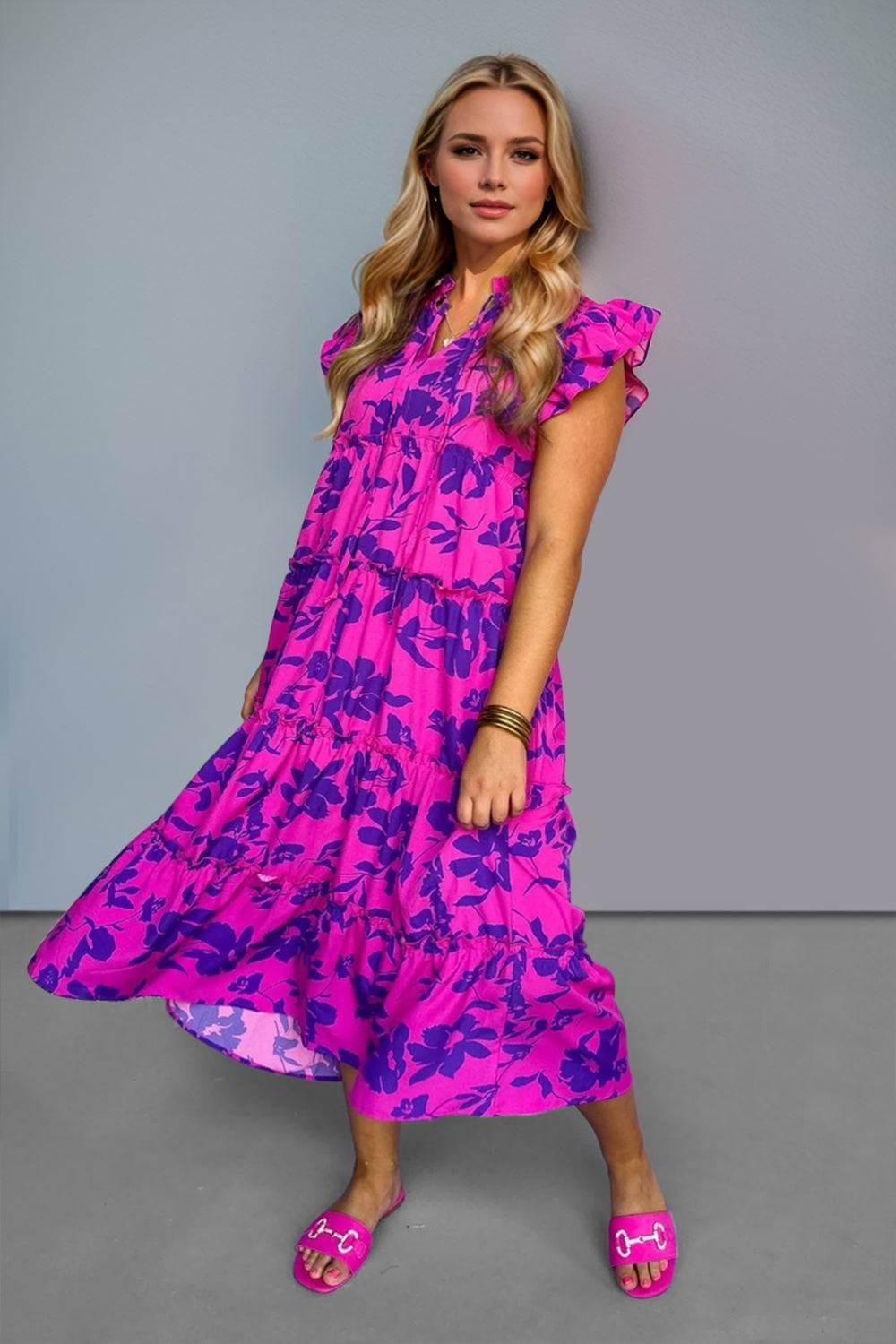 Oh Full Size Ruffled Printed Notched Cap Sleeve Midi Dress - Clothes For Her Online Store