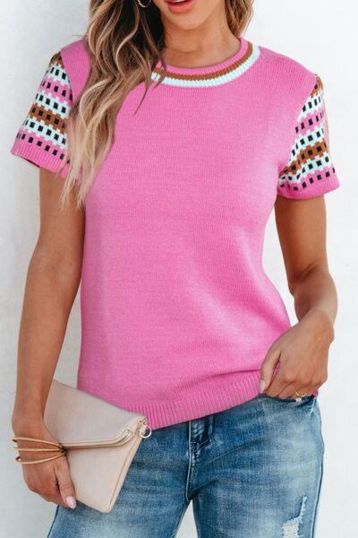 Contrast Short Sleeves Round Neck Sweater - Clothes For Her Online Store