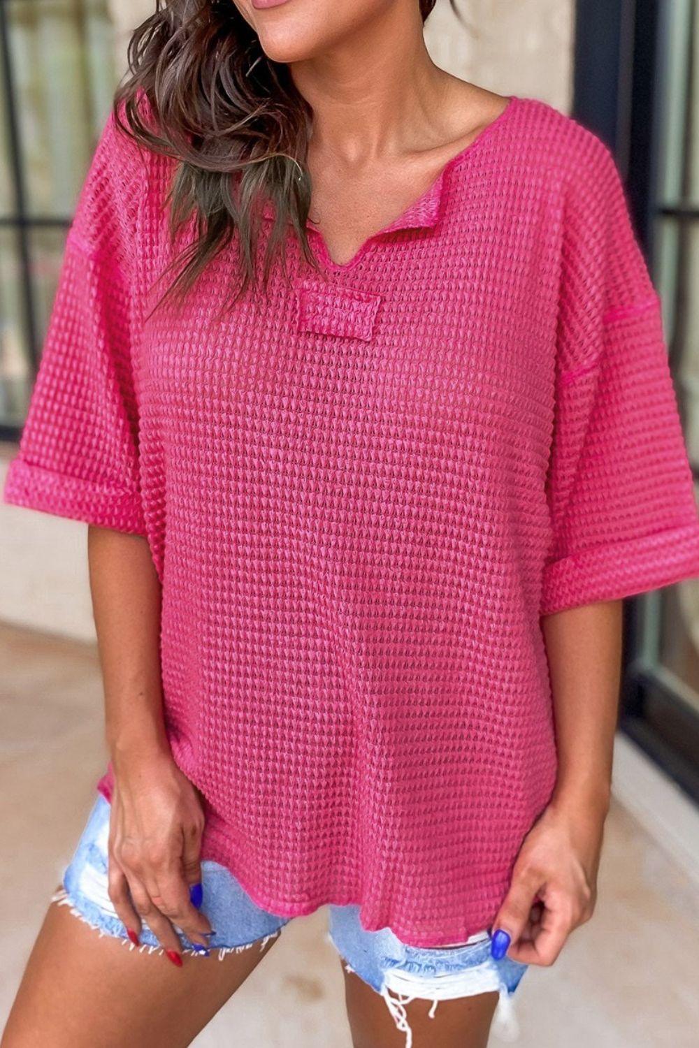 Textured Cuffed Short Sleeve Top - Clothes For Her Online Store