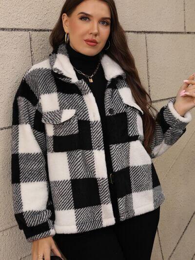 Plus Size Pocketed Plaid Collared Neck Jacket - Clothes For Her Online Store