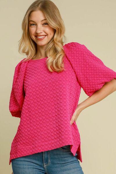 Umgee Full Size Boxy Cut Jacquard Round Neck Top with Side Slit Plus Size - Clothes For Her Online Store