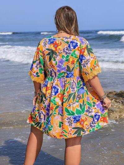 Plus Size Lace Detail Printed Tie Neck Half Sleeve Dress - Clothes For Her Online Store