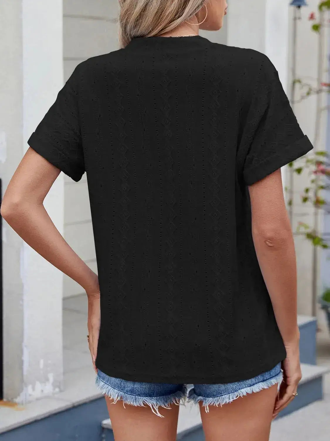 Eyelet Notched Short Sleeve Top - Clothes For Her Online Store