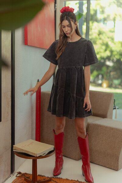 Annie Wear Mineral Washed Round Neck Short Sleeve Denim Dress - Clothes For Her Online Store