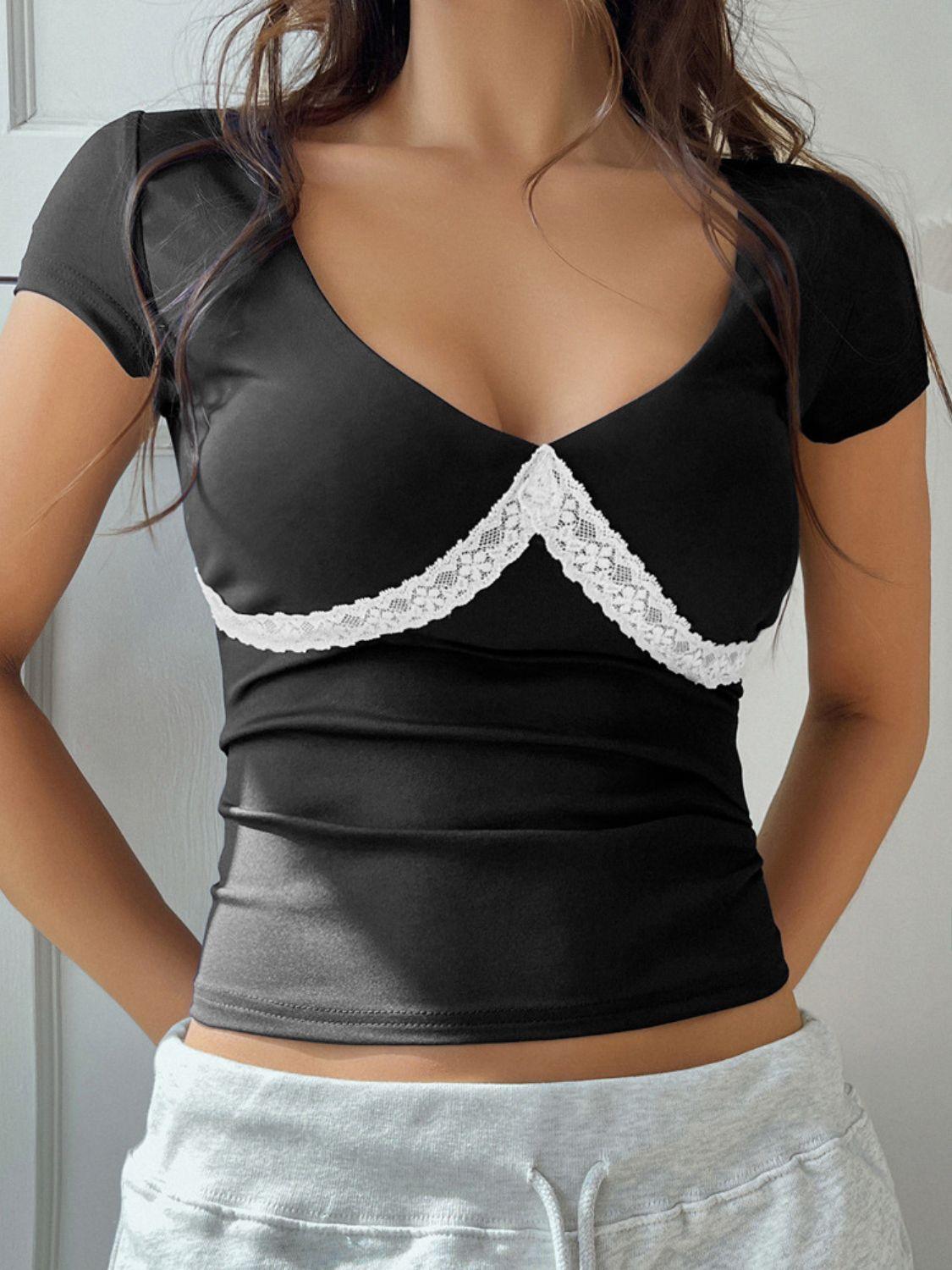 Devine Lace Detail Short Sleeve T-Shirt - Clothes For Her Online Store