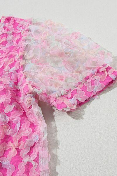 Bonbon Flowery Mesh Short Puff Sleeve Blouse - Clothes For Her Online Store