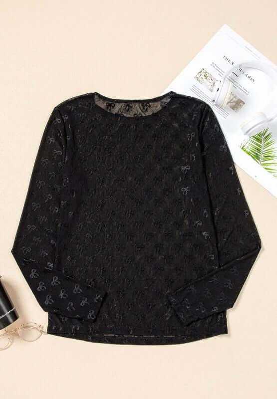 Bow Round Neck Long Sleeve Top - Clothes For Her Online Store