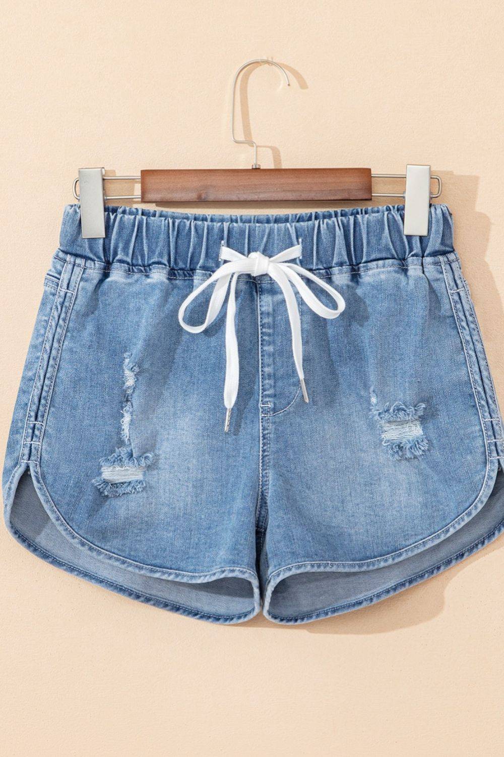 Drawstring High Waist Distressed Denim Shorts - Clothes For Her Online Store