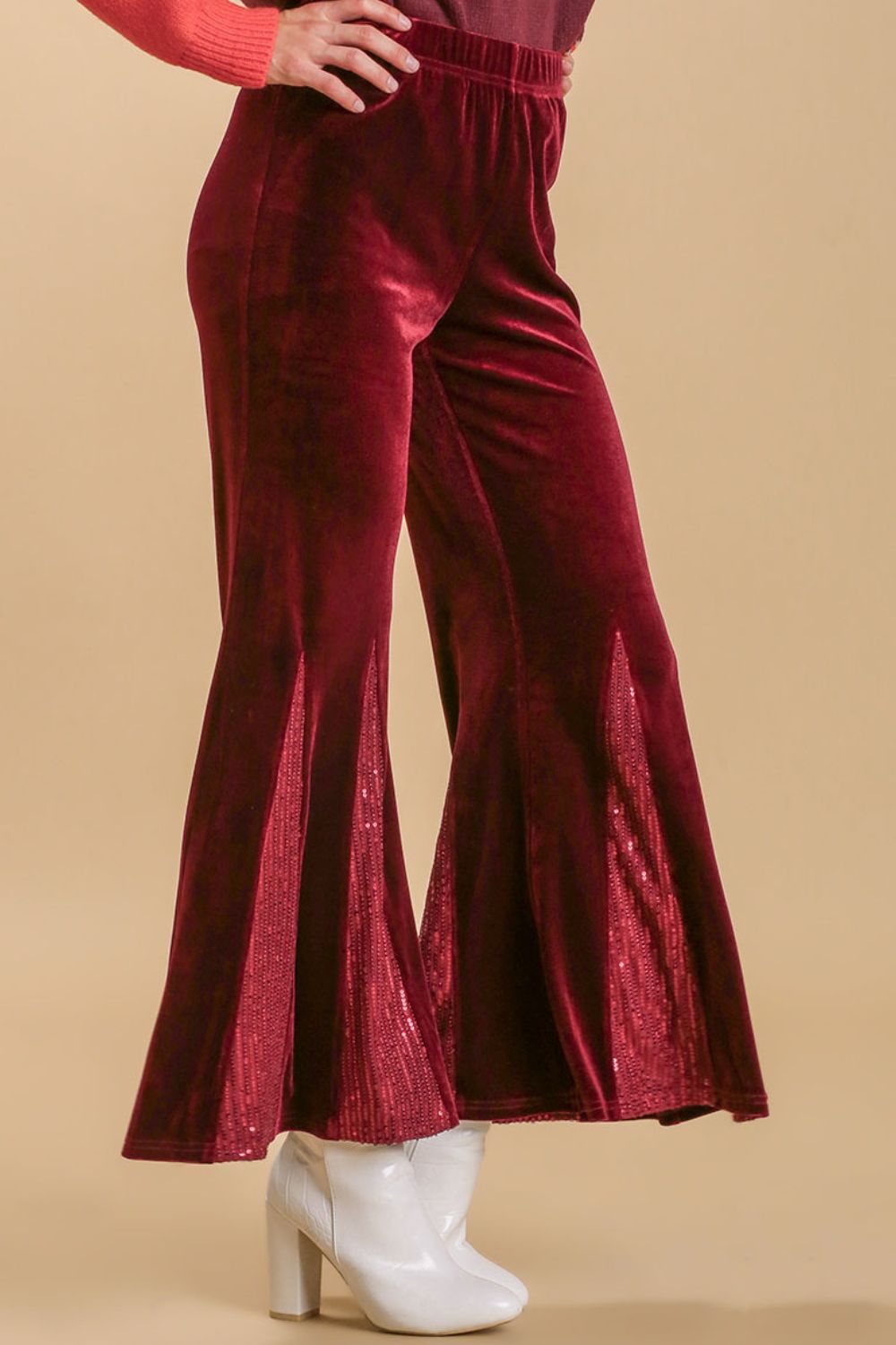 Umgee Full Size Sequin Elastic Waist Velvet Stretch Flare Leg Pants Plus Size - Clothes For Her Online Store