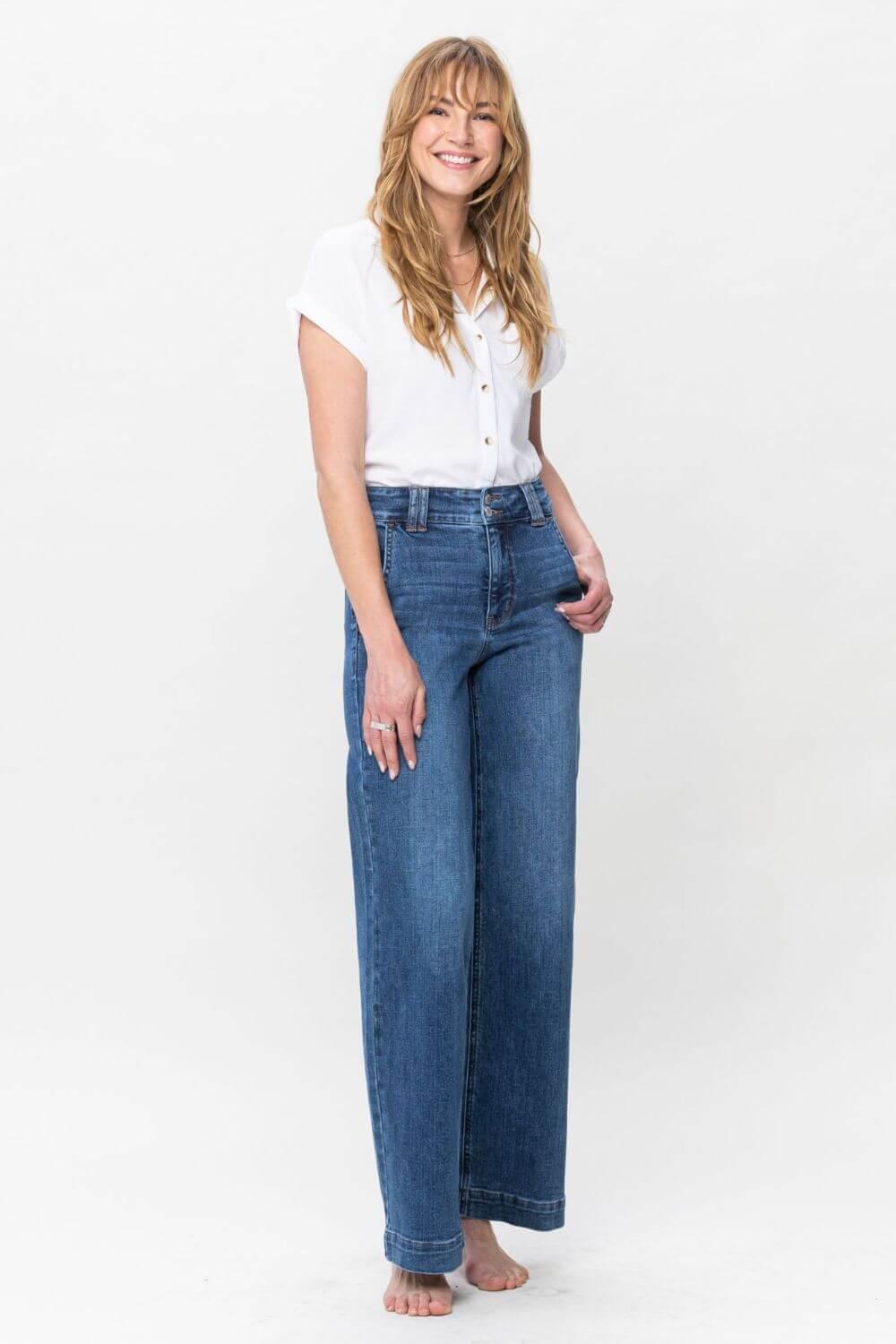 Judy Blue Full Size Double Button Wide Leg Jeans - Clothes For Her Online Store