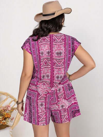 Plus Size Printed V-Neck Cap Sleeve Romper - Clothes For Her Online Store
