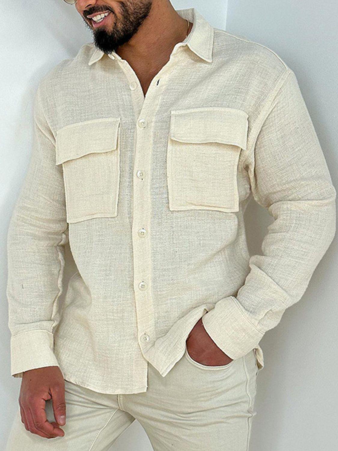 Men's Full Size Collared Neck Long Sleeve Shirt with Chest Pockets Plus Size - Clothes For Her Online Store