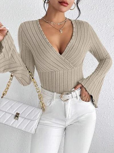 Ribbed Flare Sleeve Top - Clothes For Her Online Store