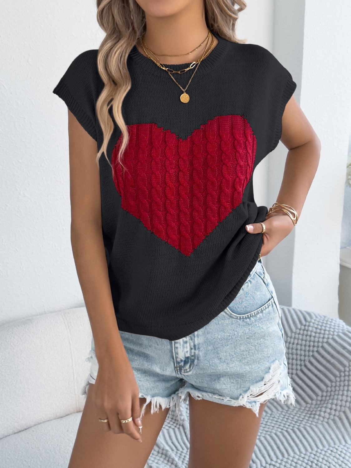 Cable Knit Heart Round Neck Cap Sleeve Knit Top - Clothes For Her Online Store