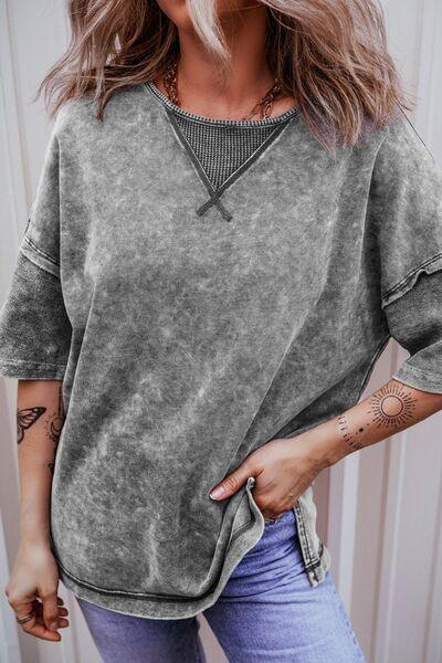 Mineral Wash Drop Shoulder Round Neck T-Shirt - Clothes For Her Online Store