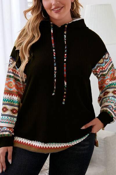 Plus Size Waffle-Knit Geometric Dropped Shoulder Hoodie - Clothes For Her Online Store