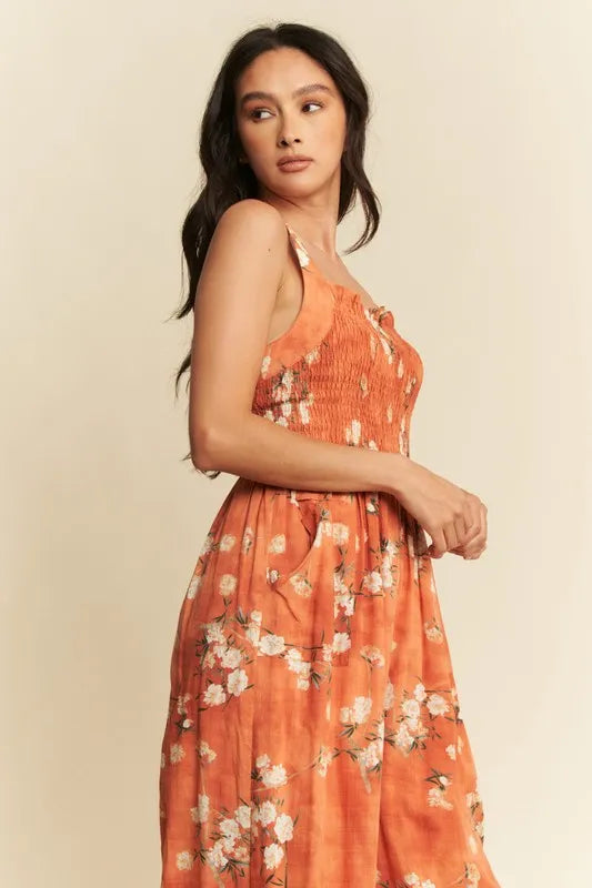Davi & Dani Floral Ruffle Square Neck Smocking Bodice Jumpsuit