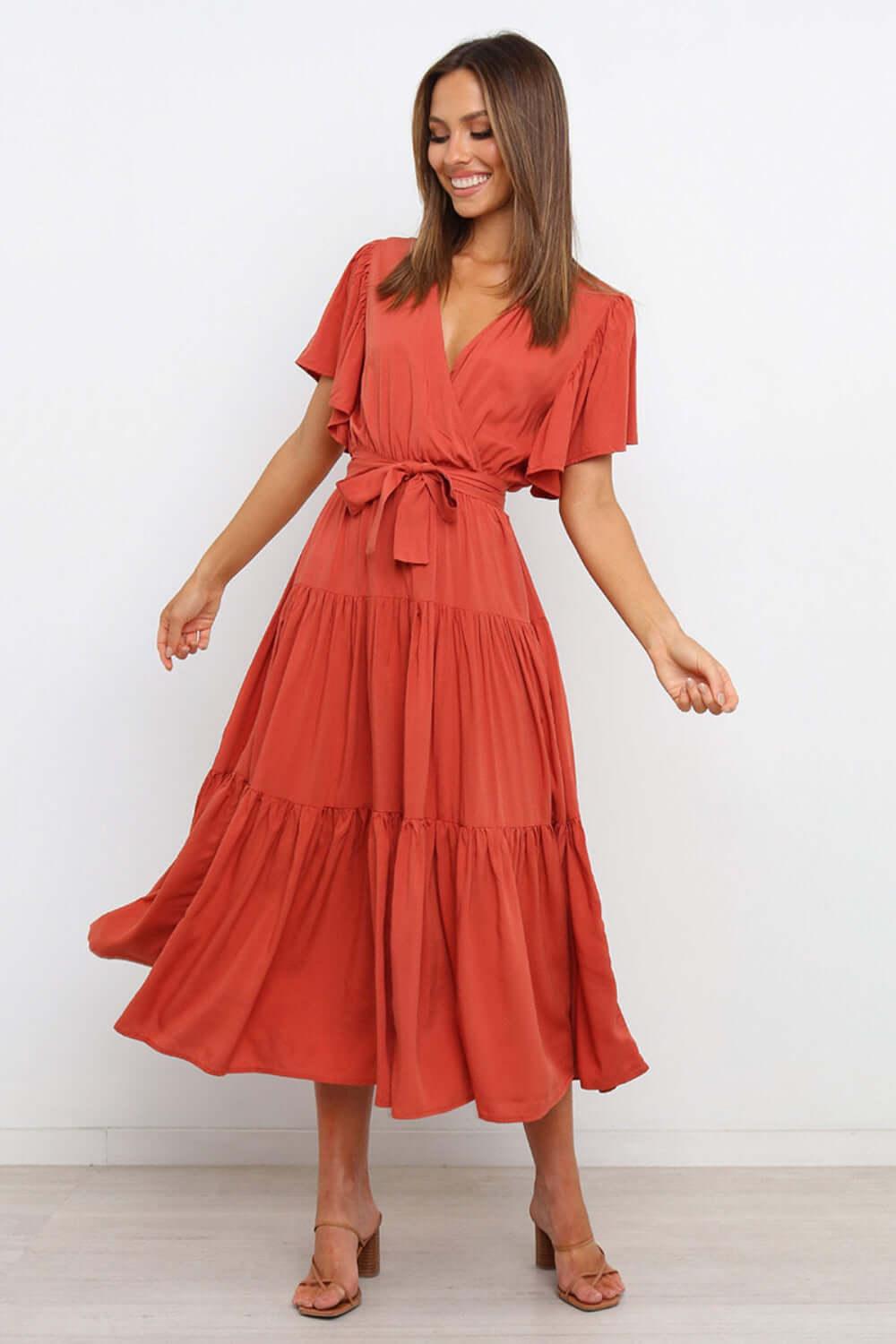 Tied Tiered Short Sleeve Midi Dress - Clothes For Her Online Store