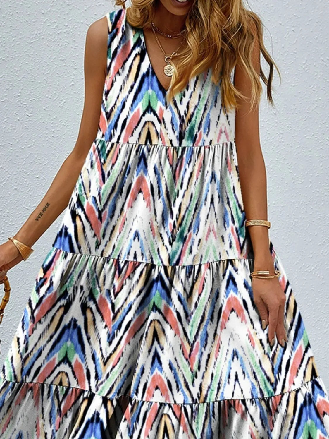 Printed V-Neck Tiered Maxi Tank Dress