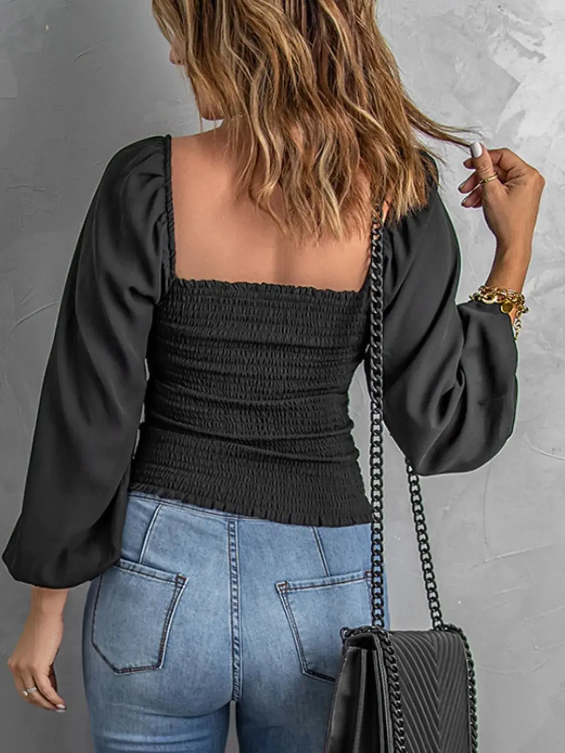 Smocked Square Neck Balloon Sleeve Blouse