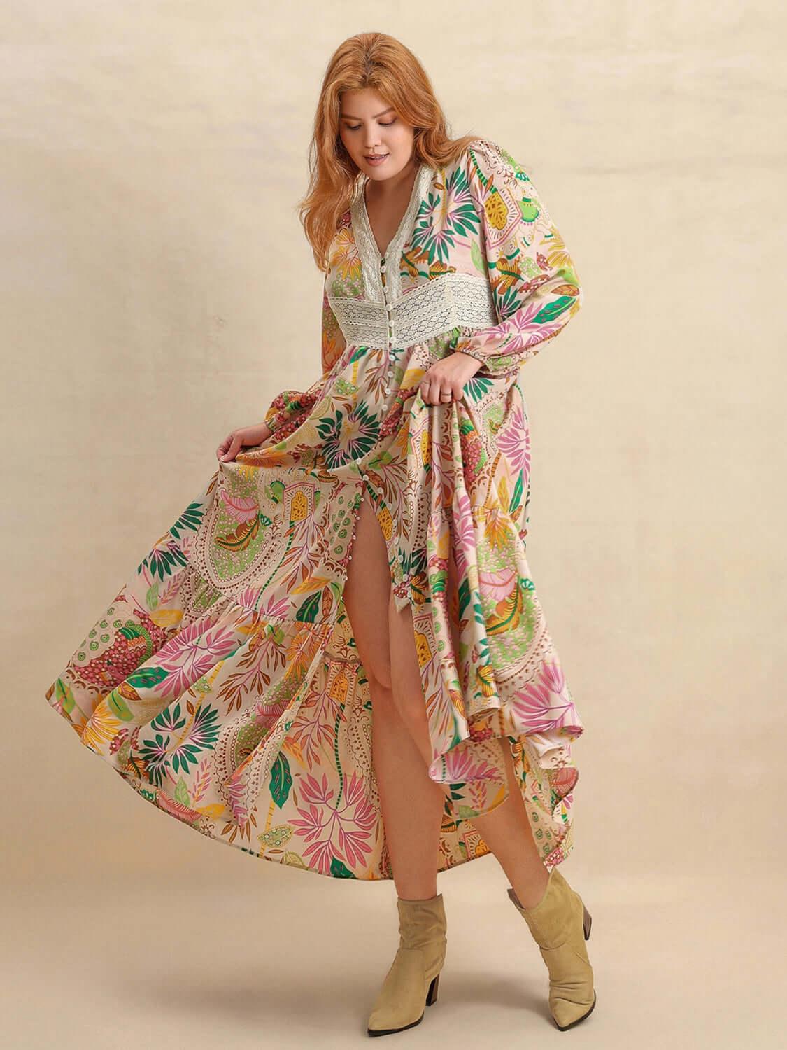 Plus Size Lace Detail Printed V-Neck Balloon Sleeve Dress - Clothes For Her Online Store