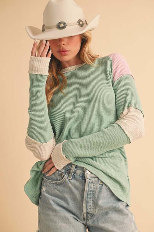 Aemi + Co Raw Seam Color Block Round Neck Knit Top - Clothes For Her Online Store
