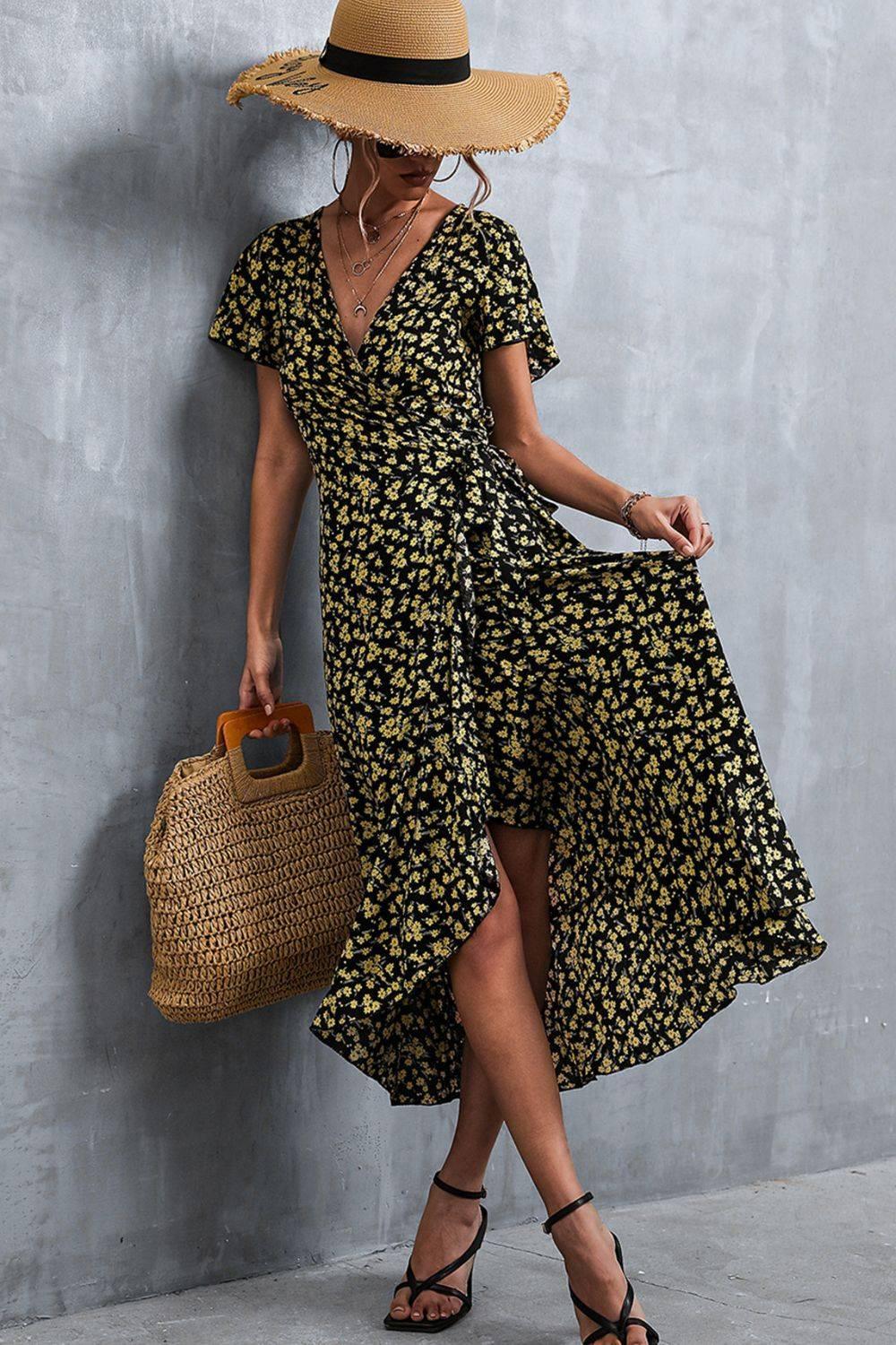 Floral Surplice Neck Tied Midi Dress - Clothes For Her Online Store
