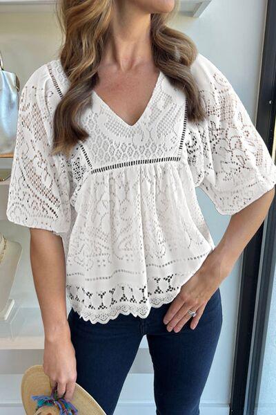 Lace Crochet Hollowed Scallop Hem V Neck Blouse - Clothes For Her Online Store