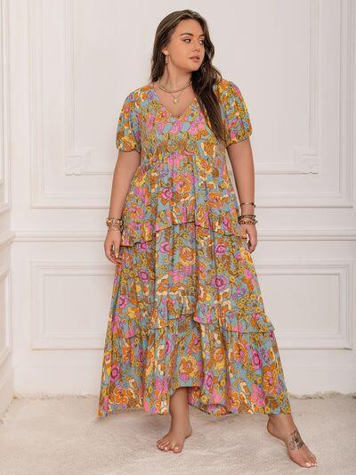 Plus Size Printed V-Neck Short Sleeve Maxi Dress - Clothes For Her Online Store