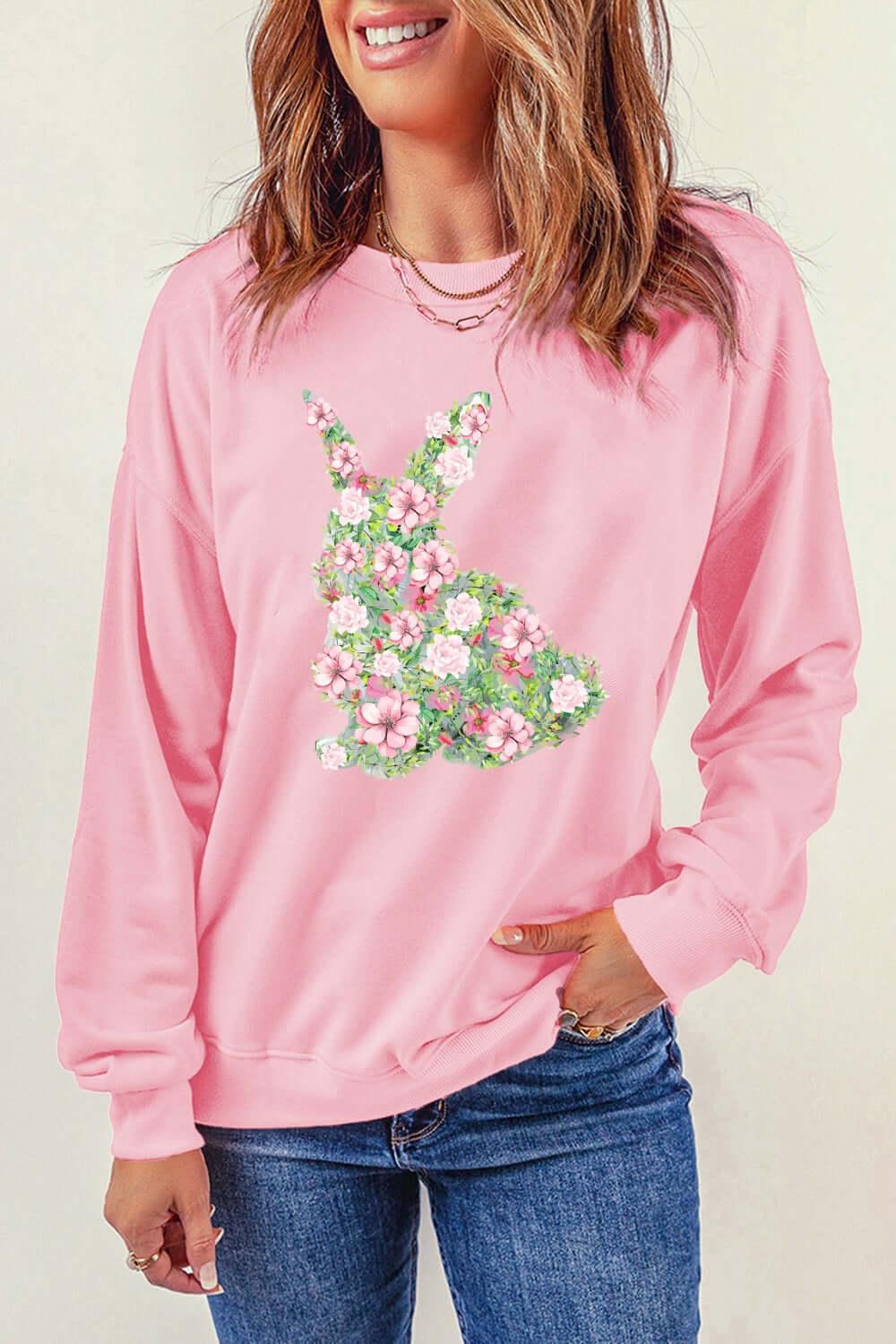 Floral Bunny Round Neck Long Sleeve Sweatshirt - Clothes For Her Online Store