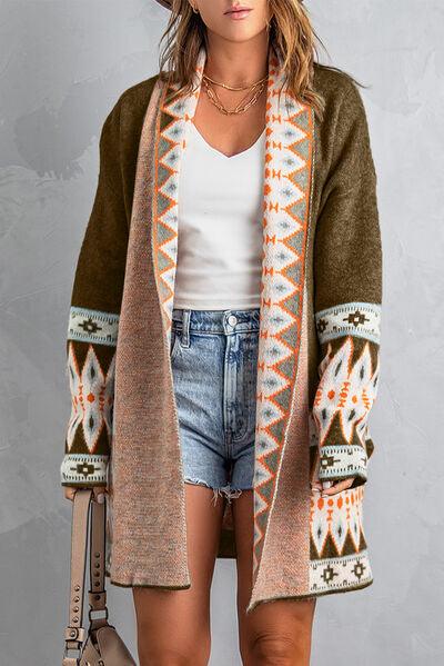 Geometric Open Front Long Sleeve Cardigan - Clothes For Her Online Store