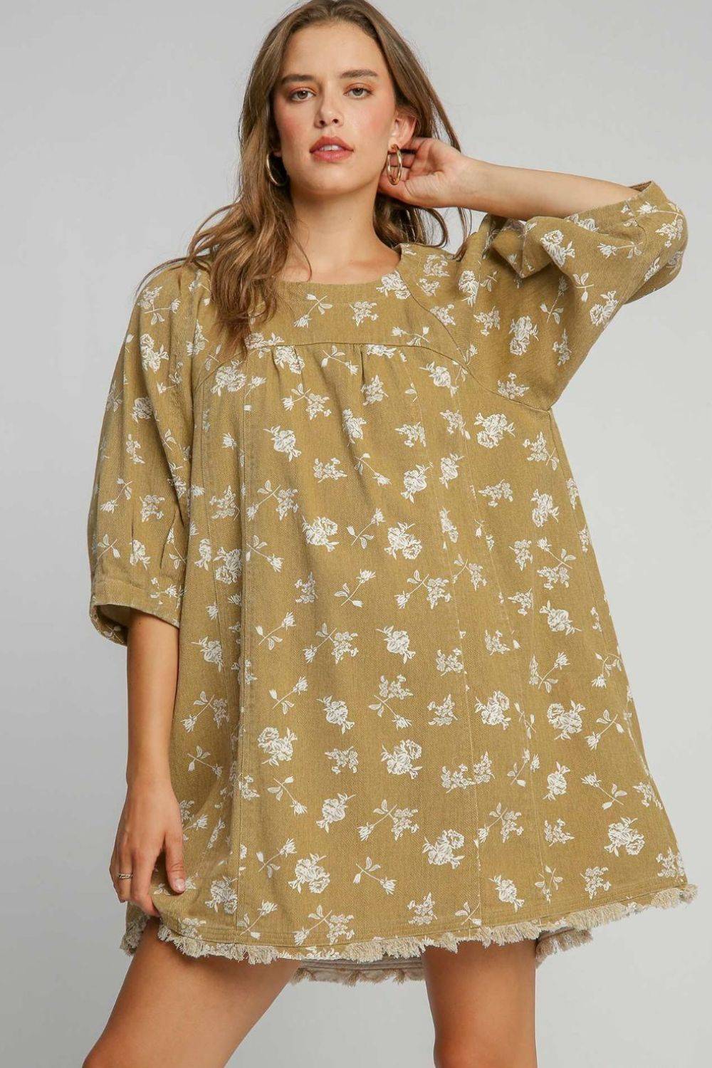 Umgee Raw Hem Floral Print Round Neck Denim Dress - Clothes For Her Online Store