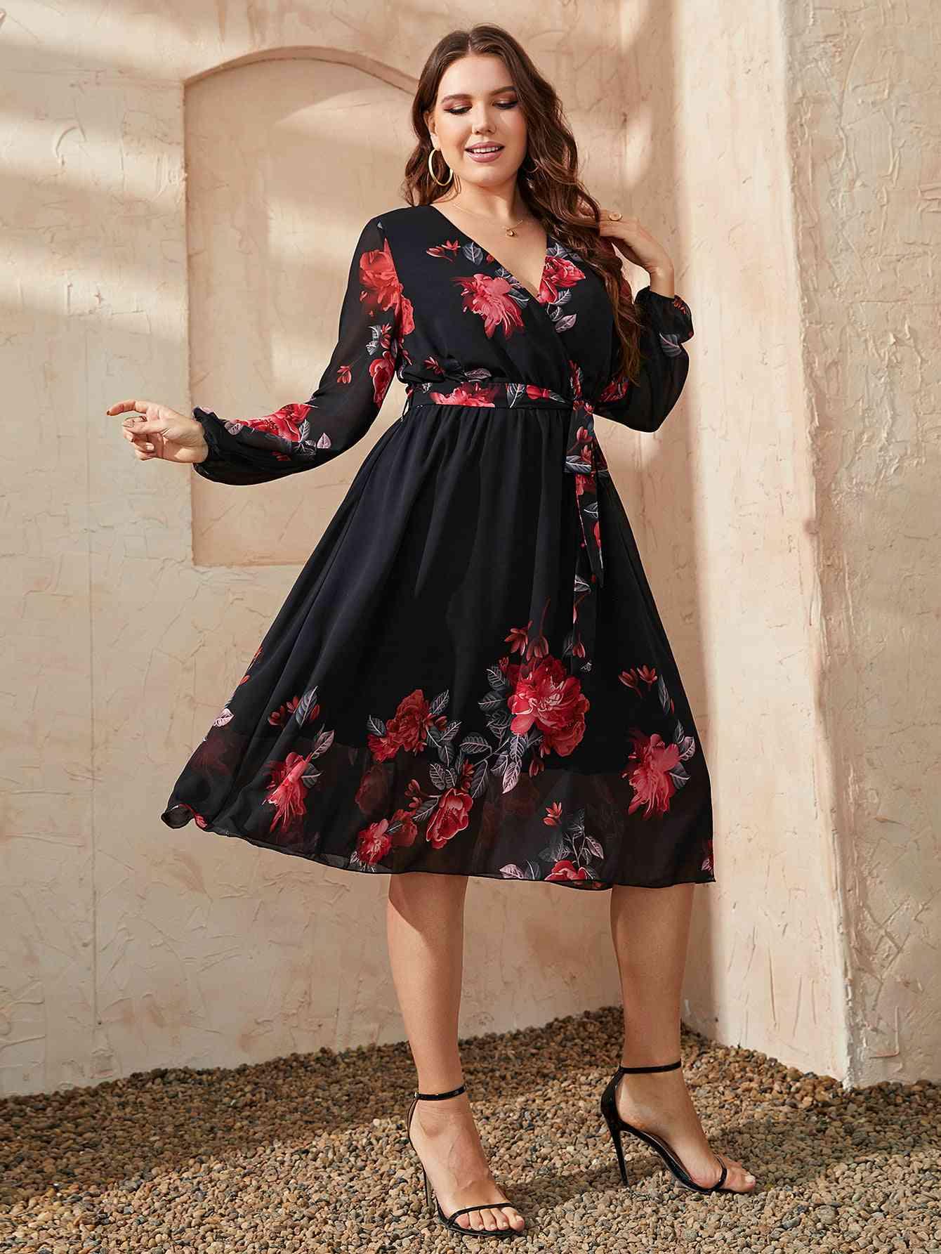 Honey Plus Size Floral Surplice Neck Tie Waist Dress - Clothes For Her Online Store