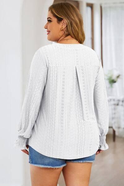 Plus Size Eyelet Notched Flounce Sleeve Blouse - Clothes For Her Online Store