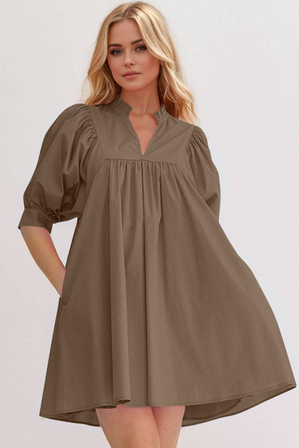 Oh Frill Notched Puff Sleeve Babydoll Mini Dress - Clothes For Her Online Store