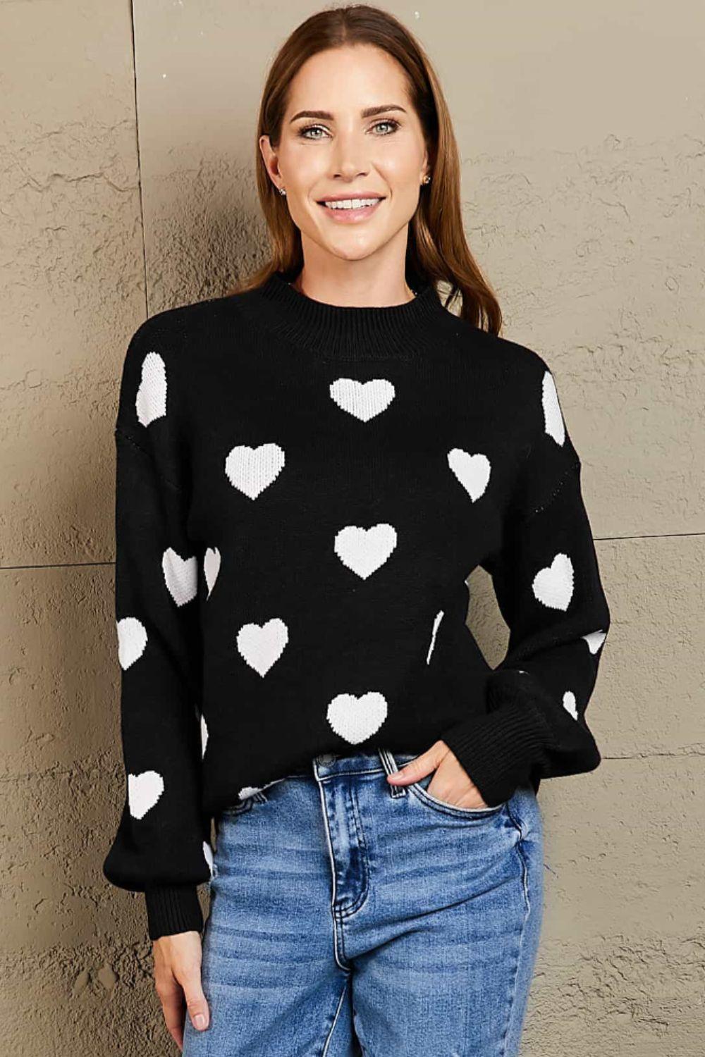 Woven Right Heart Pattern Lantern Sleeve Round Neck Tunic Sweater - Clothes For Her Online Store