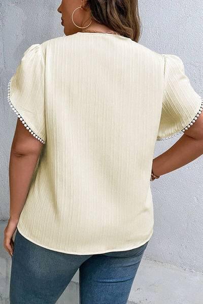 Plus Size V-Neck Petal Sleeve Blouse - Clothes For Her Online Store