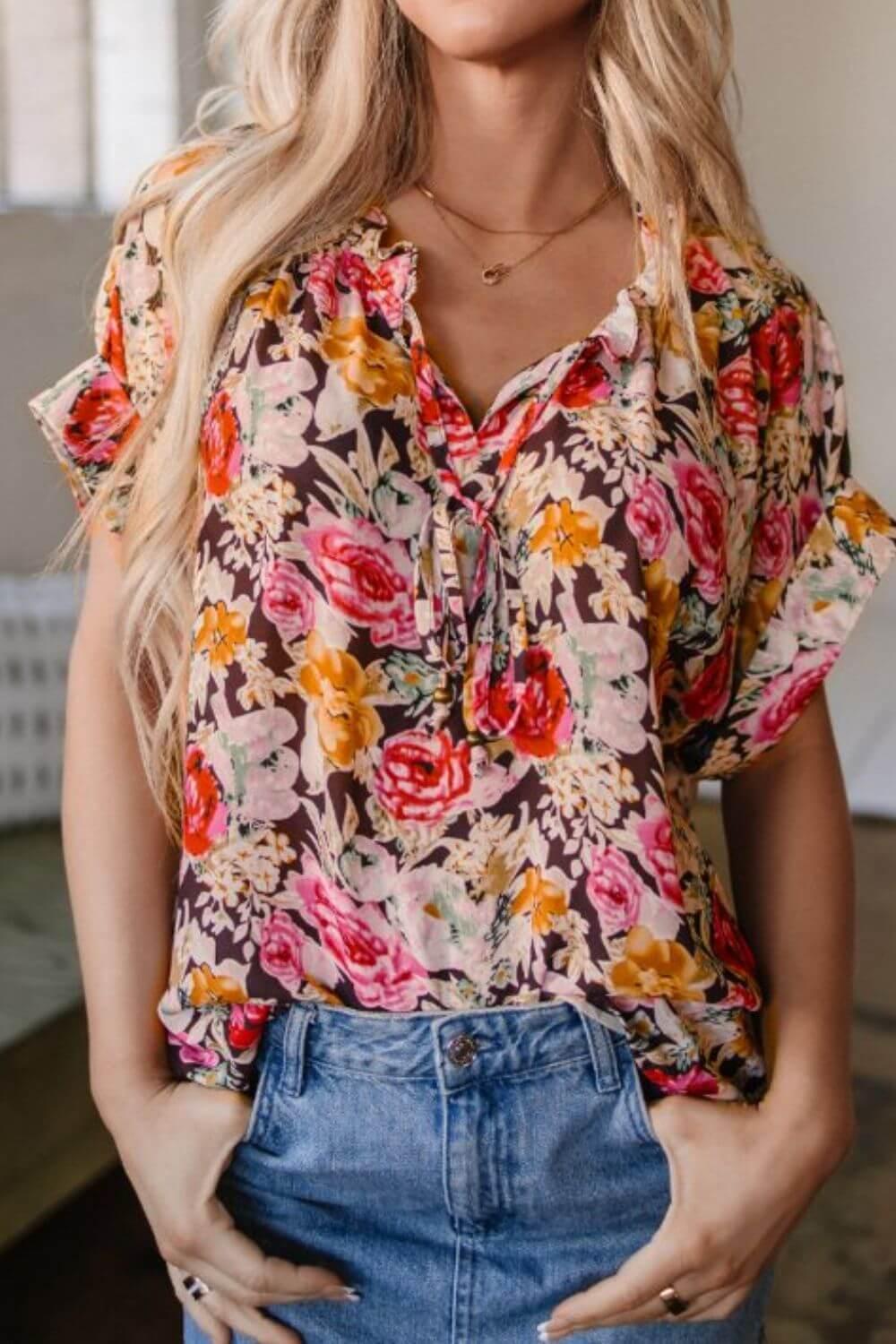 Floral Tie Neck Short Sleeve Blouse - Clothes For Her Online Store